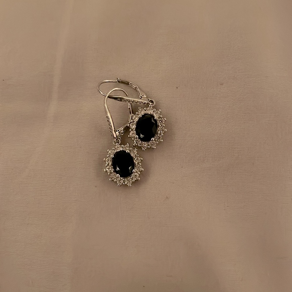Silver Based Earrings with Blue-Centered Gem and Surrounding Lcear Crystals